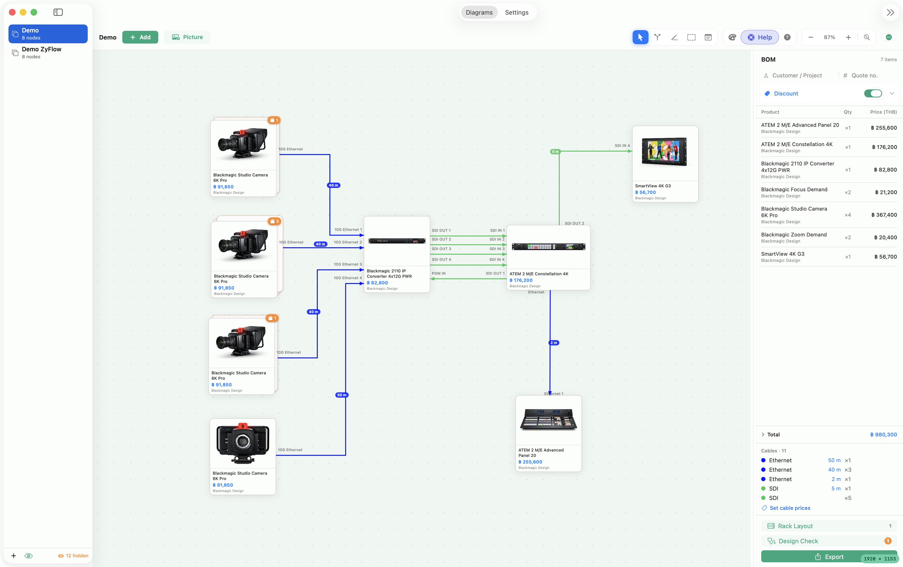 ZyFlow — Completed Demo: four cameras, the converter, switcher, monitor and control panel.