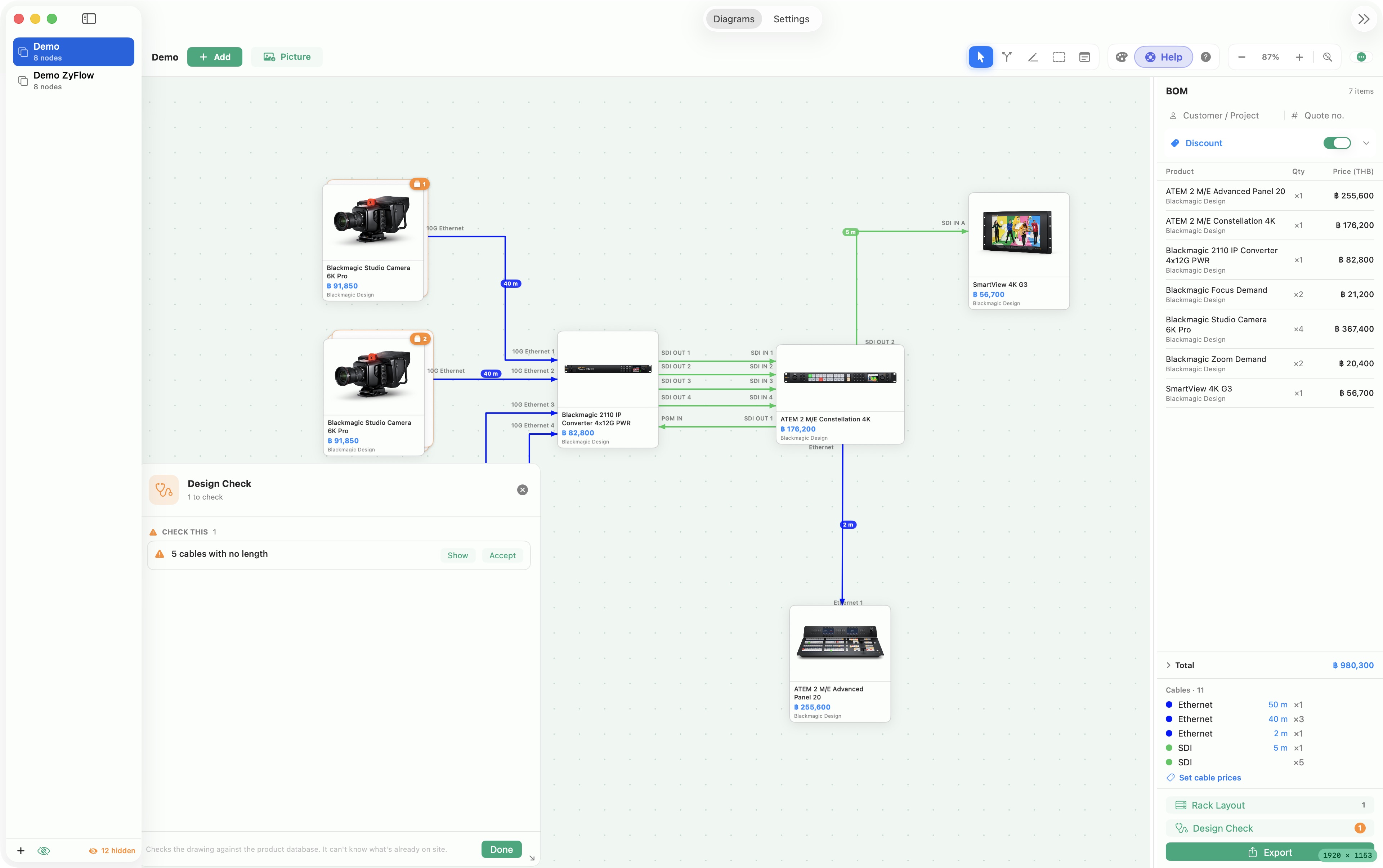 ZyFlow — Design Check highlights five cables with no length in this Demo.