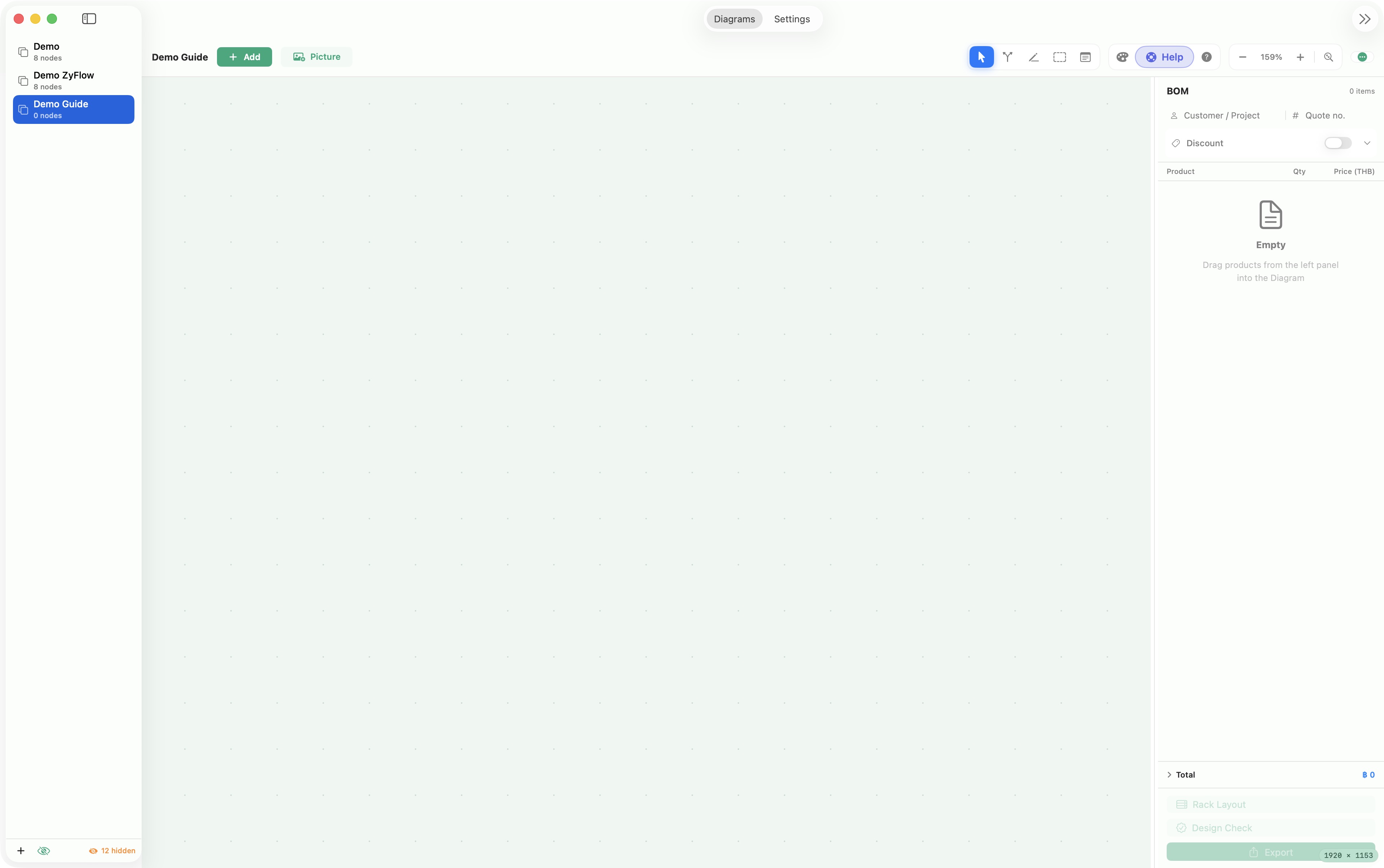 ZyFlow — A new Demo Guide project, before adding equipment.