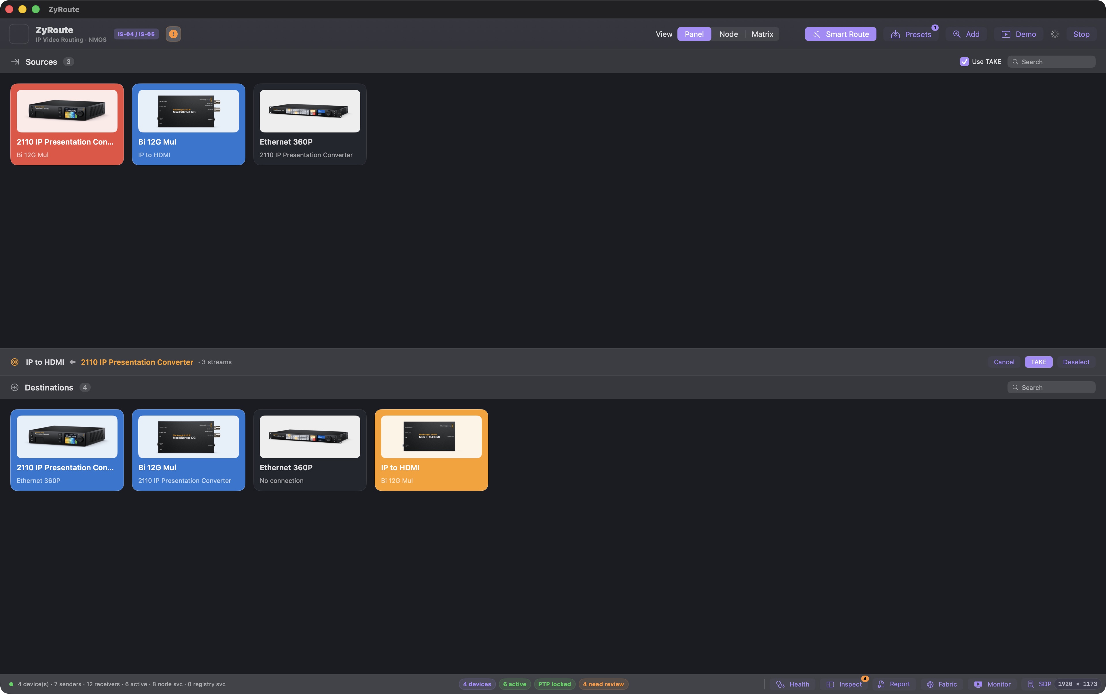 ZyRoute Panel with source, destination and TAKE button